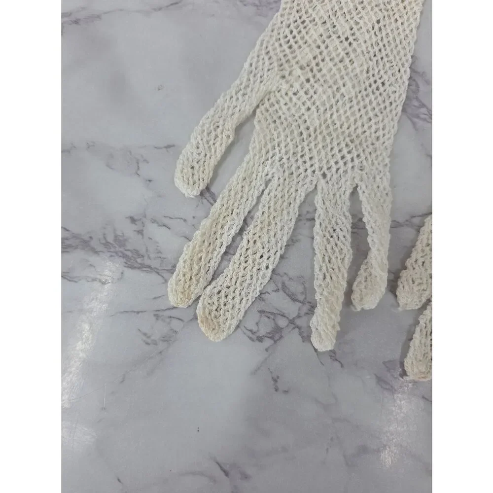 Vintage Crochet Lace Gloves Beaded with Rose Accent See Through